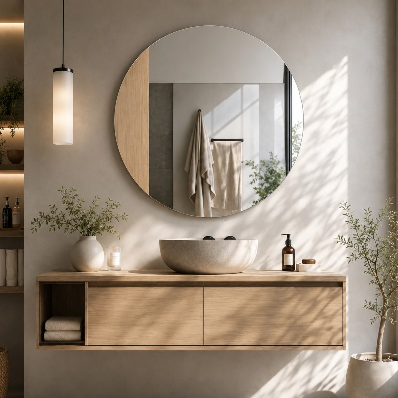 Lustro wiszące SANTOS WOOD okrągłe naścienne ozdobne do łazienki salonu oraz sypialni