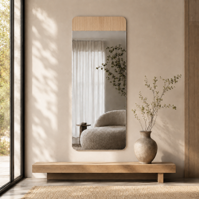 Lustro wiszące OLIVIO WOOD okrągłe naścienne ozdobne do łazienki salonu oraz sypialni